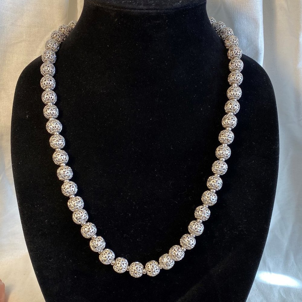 Vintage Monet Silver Filigree Bead Necklace - EUC